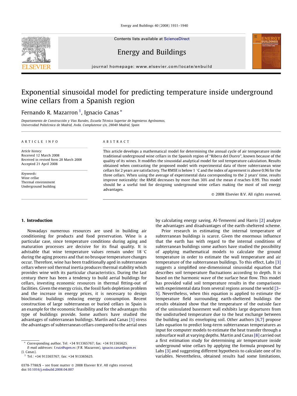 Exponential Sinusoidal Model for Predicting Temperature Inside Underground Wine Cellars from a Spanish Region Energy and Buildin