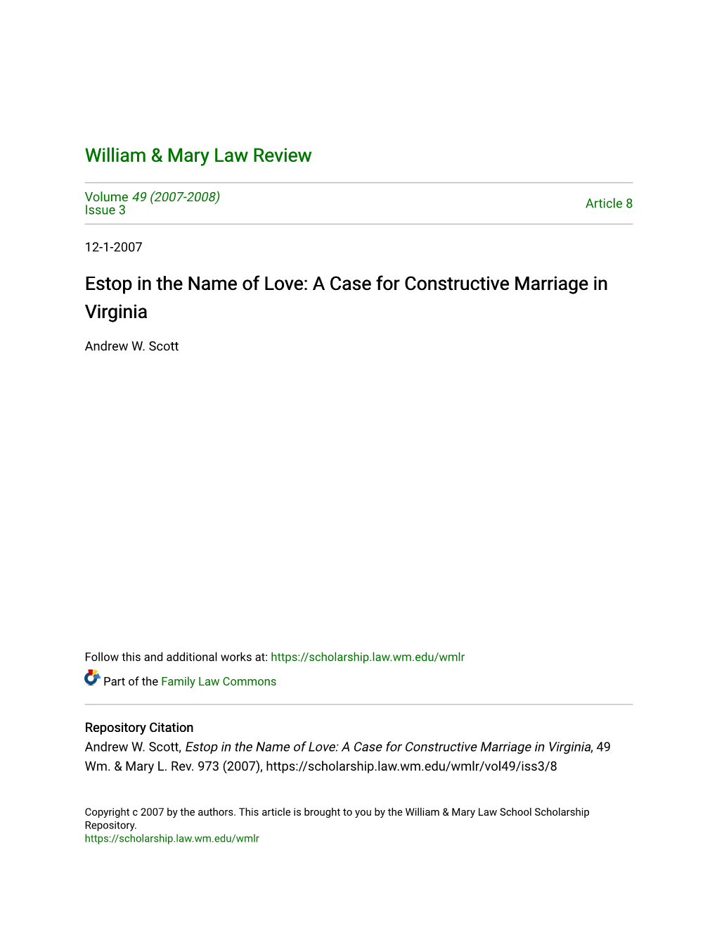 Estop in the Name of Love: a Case for Constructive Marriage in Virginia