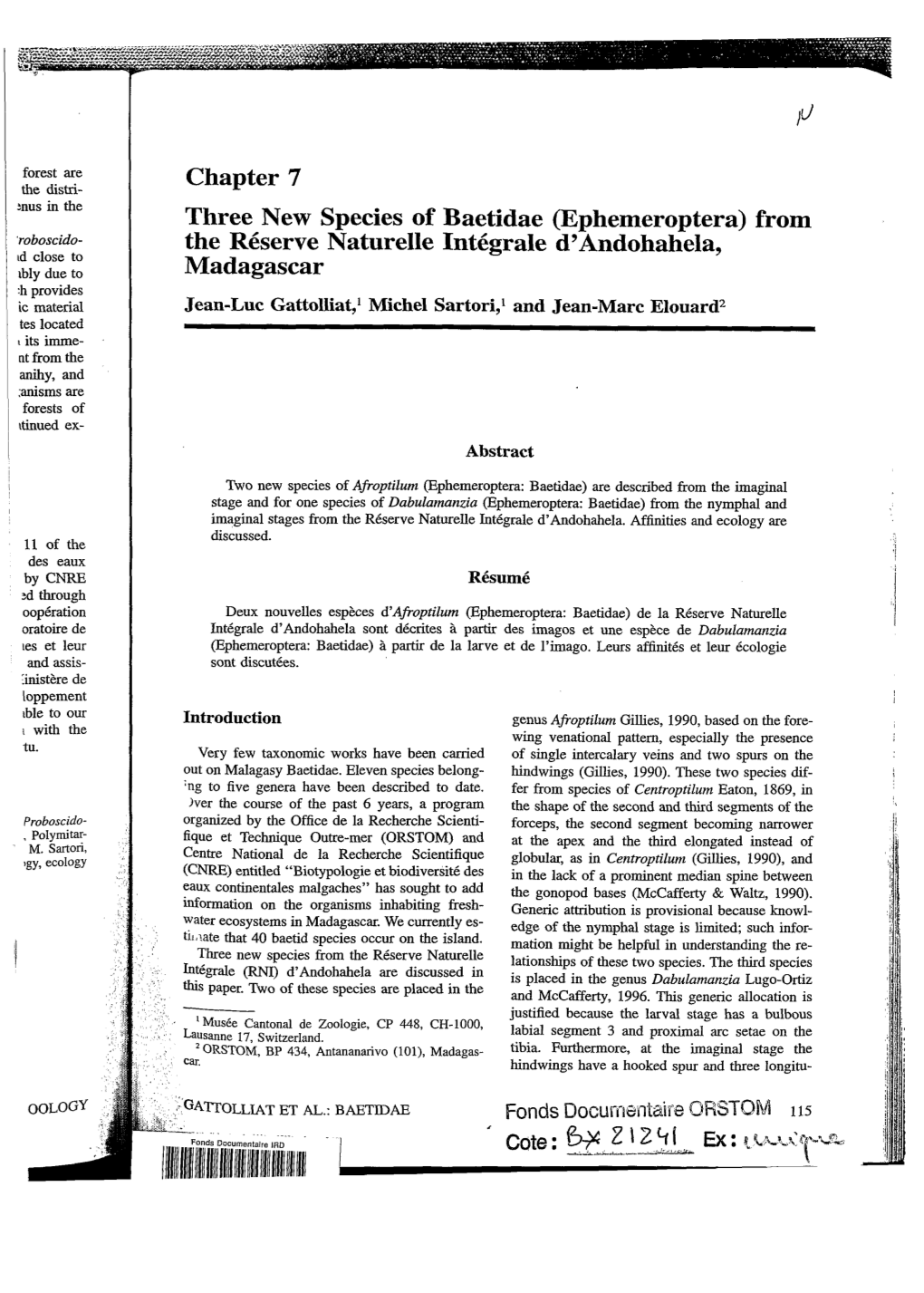 Three New Species of Baetidae (Ephemeroptera) from the Réserve Naturelle Intégrale D'andohahela, Madagascar