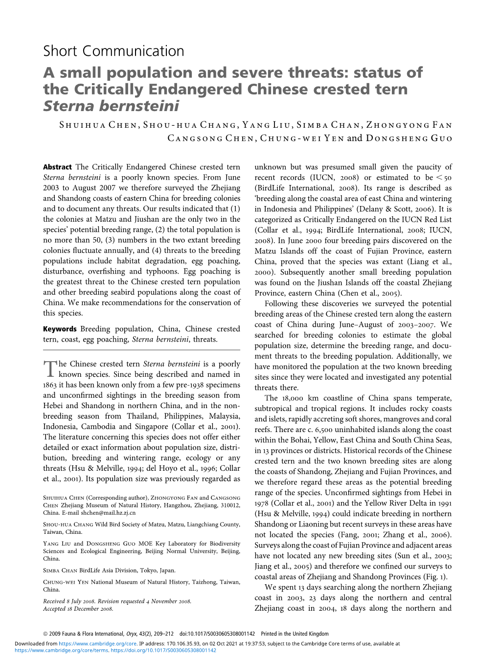 Status of the Critically Endangered Chinese Crested Tern Sterna