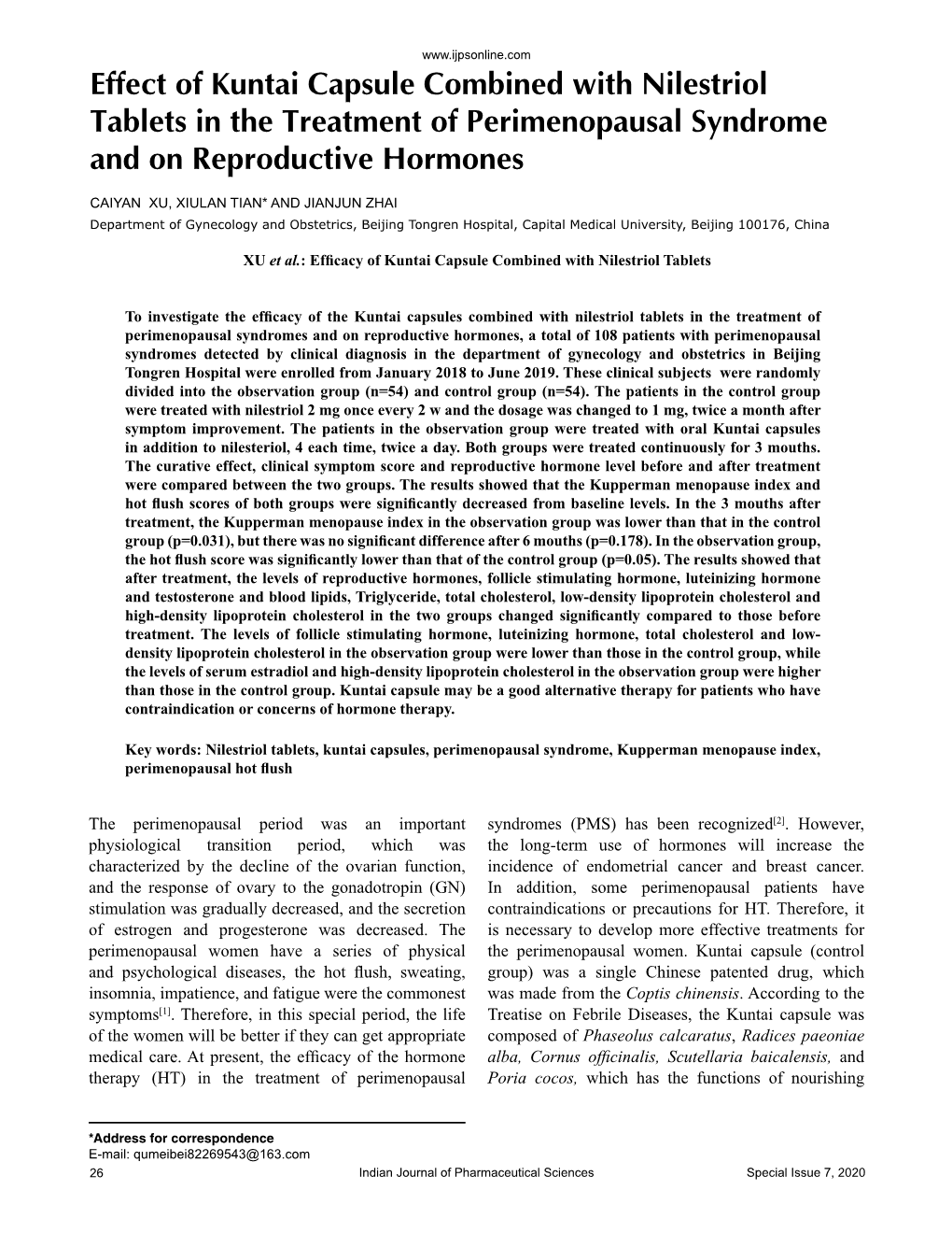 Effect of Kuntai Capsule Combined with Nilestriol Tablets in the Treatment of Perimenopausal Syndrome and on Reproductive Hormones