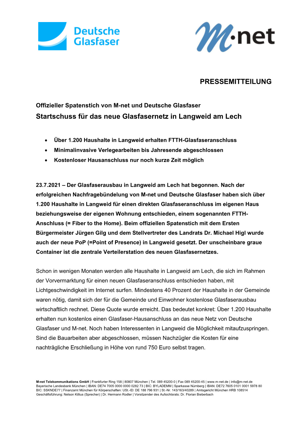PRESSEMITTEILUNG Startschuss Für Das Neue Glasfasernetz in Langweid Am Lech