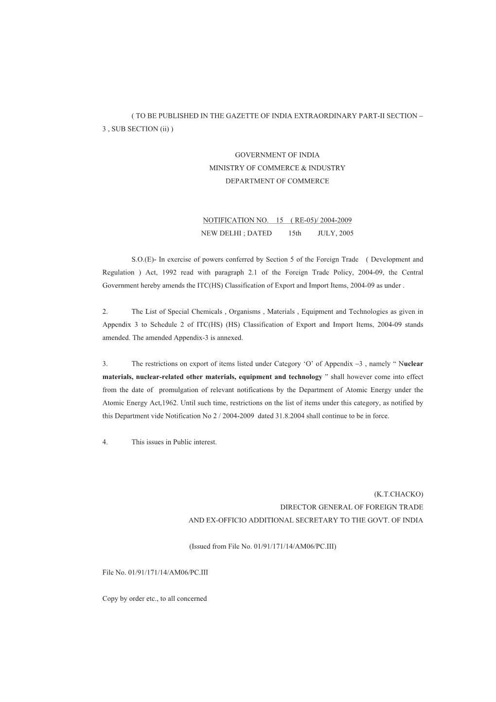 Amendment of ITC(HS) Export and Import Classification 2005