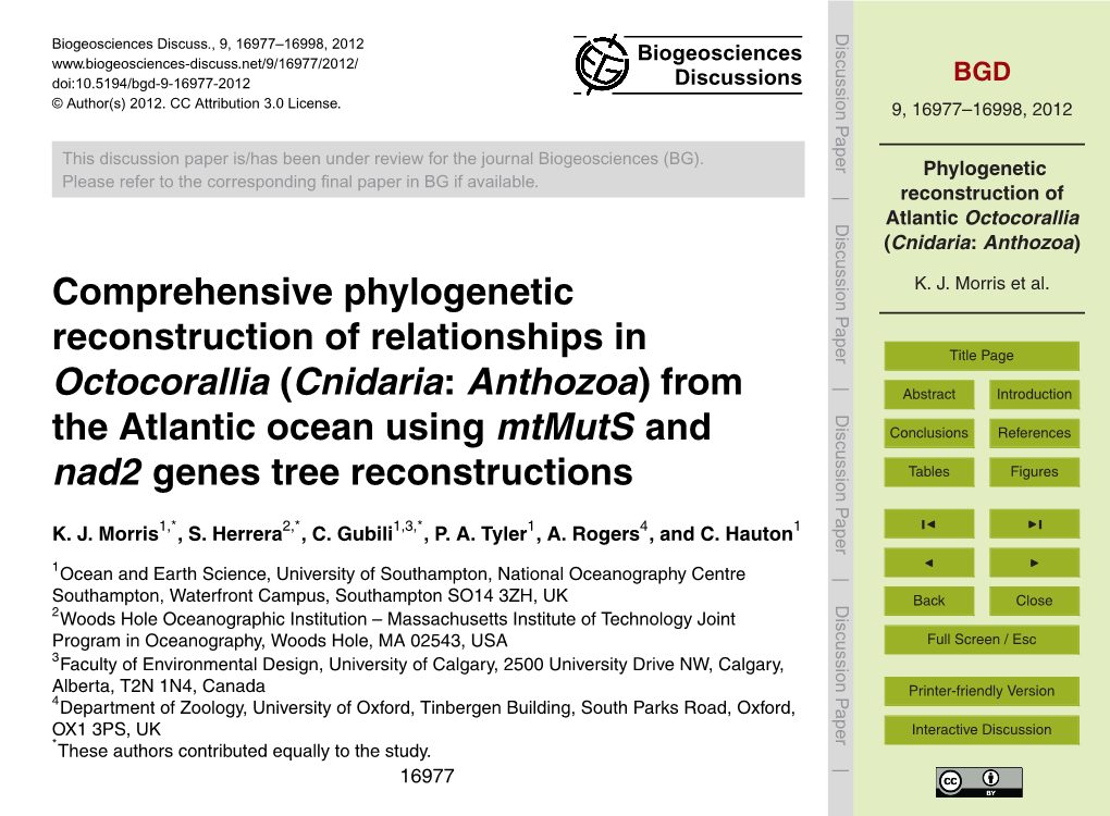 Cnidaria: Anthozoa) Comprehensive Phylogenetic K