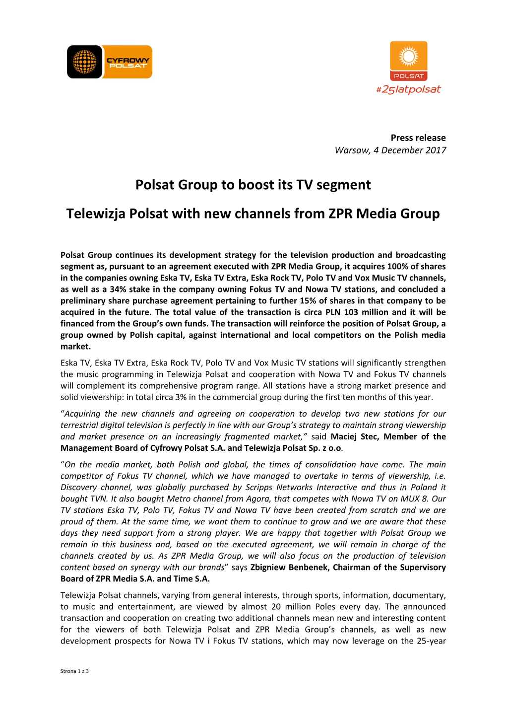 Polsat Group to Boost Its TV Segment Telewizja Polsat with New Channels from ZPR Media Group