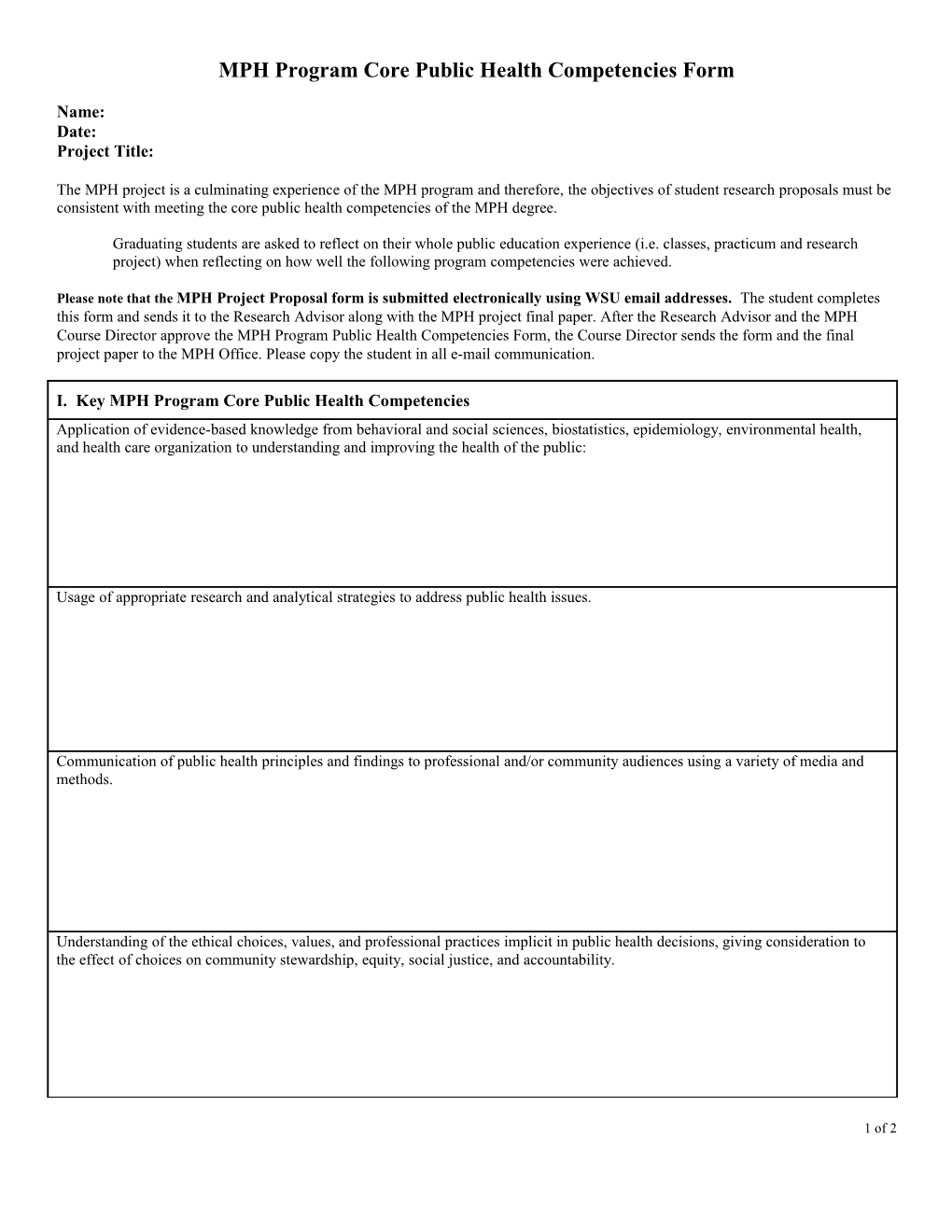 MPH Program Core Public Health Competencies Form