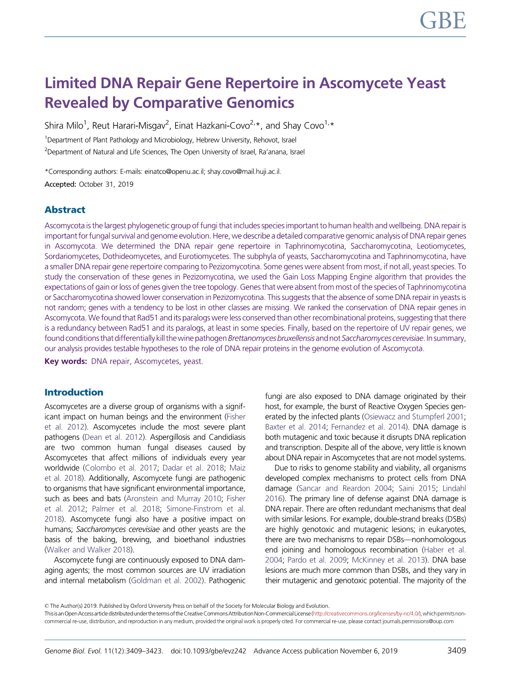 Limited DNA Repair Gene Repertoire in Ascomycete Yeast Revealed by Comparative Genomics
