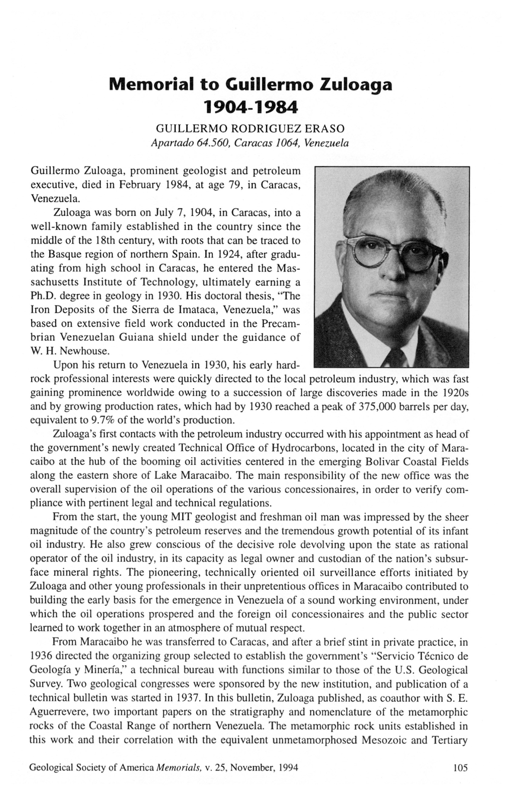 Memorial to Guillermo Zuloaga 1904-1984 GUILLERMO RODRIGUEZ ERASO Apartado 64.560, Caracas 1064, Venezuela