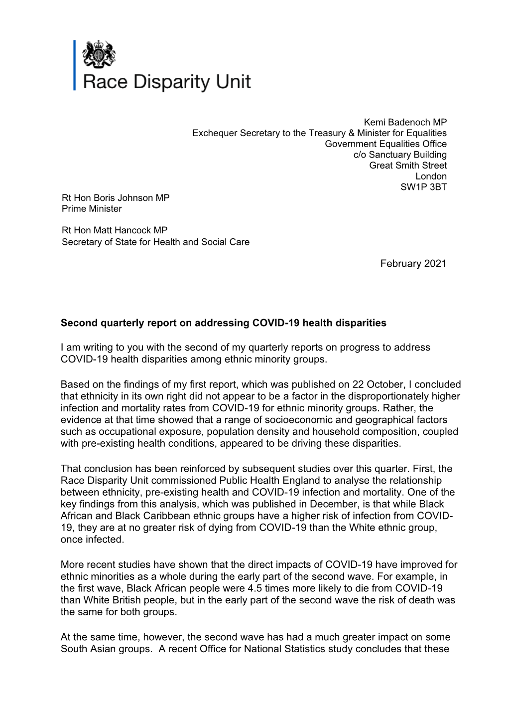 February 2021 Second Quarterly Report on Addressing COVID-19