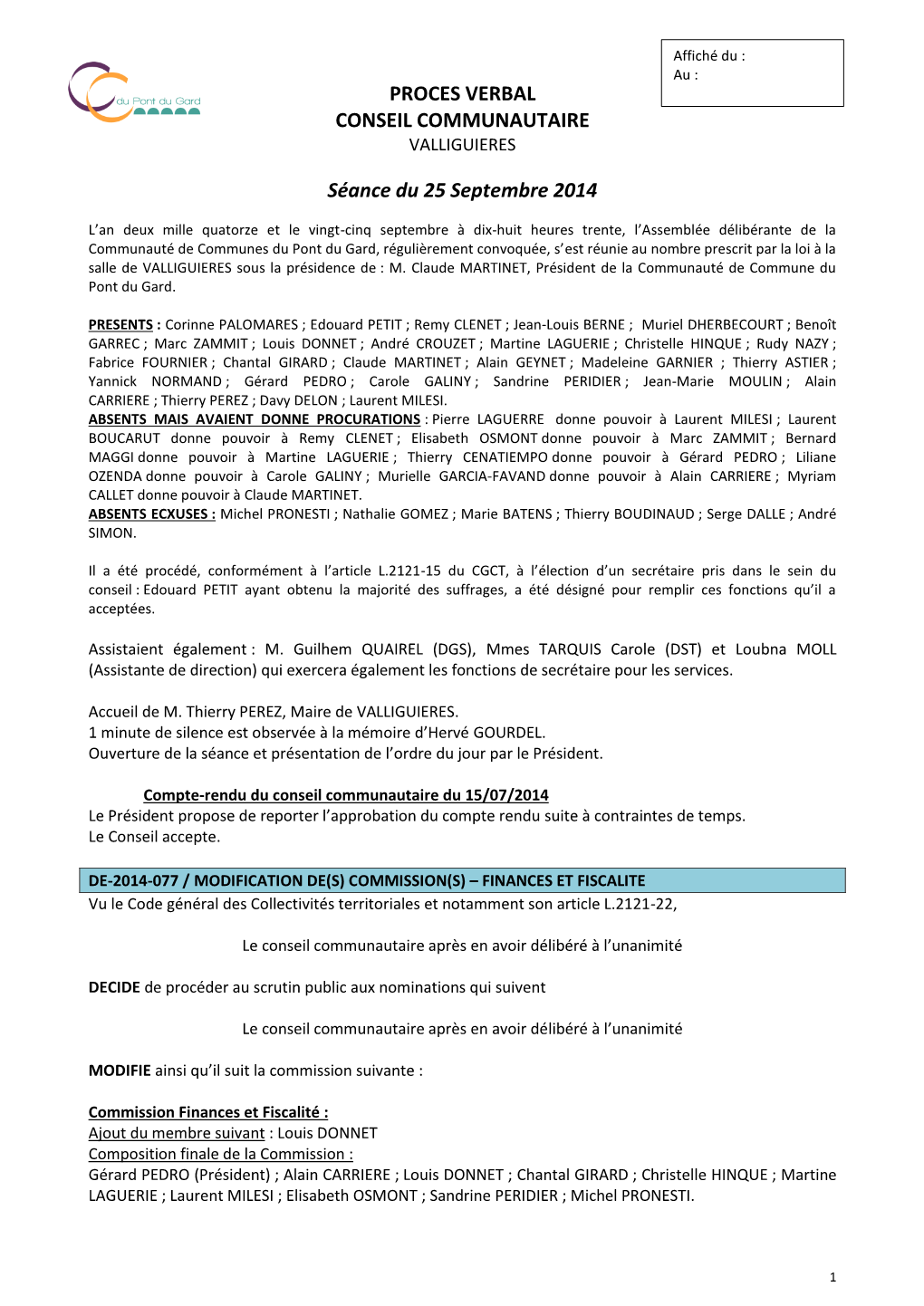 PROCES VERBAL CONSEIL COMMUNAUTAIRE Séance Du 25