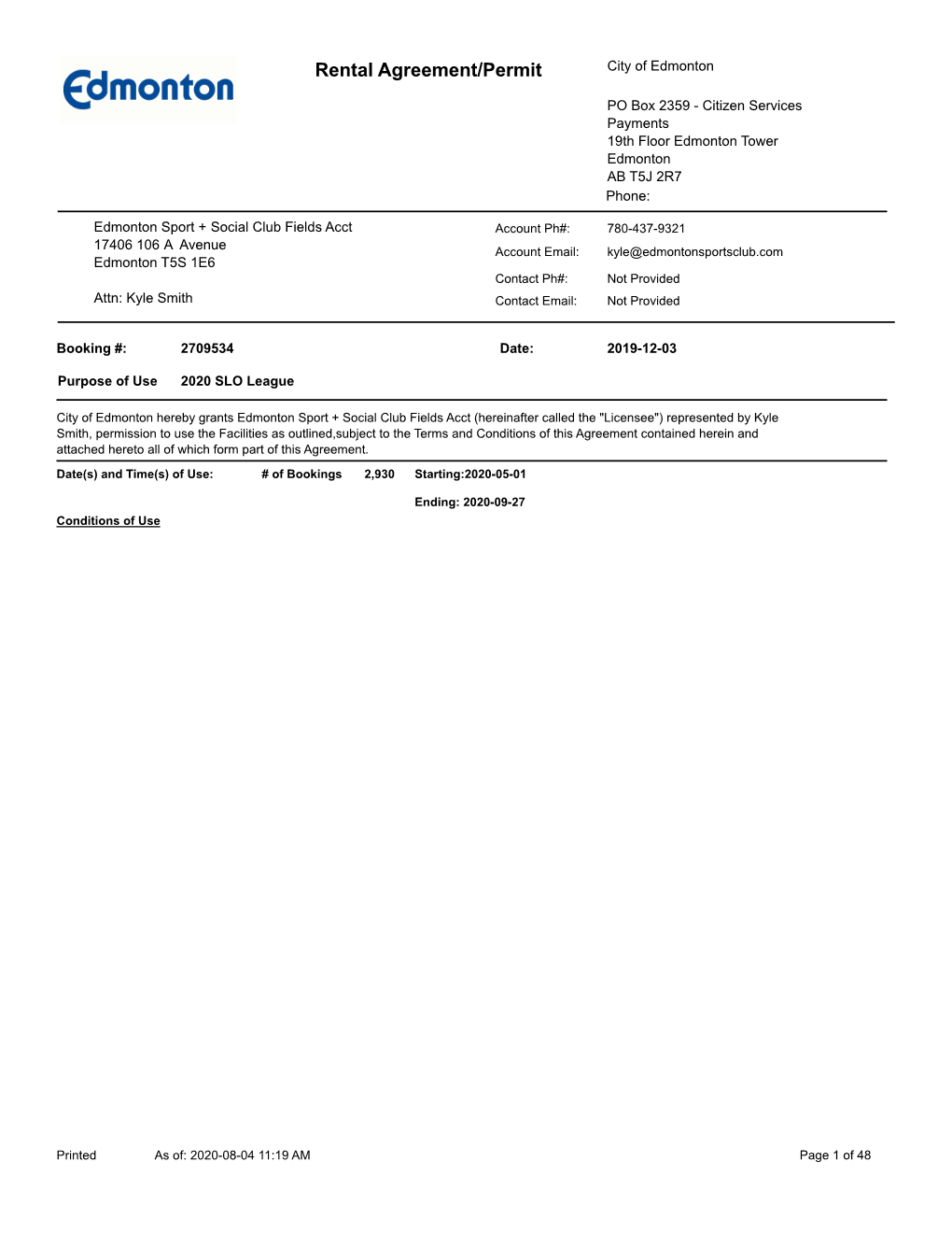 Rental Agreement/Permit City of Edmonton