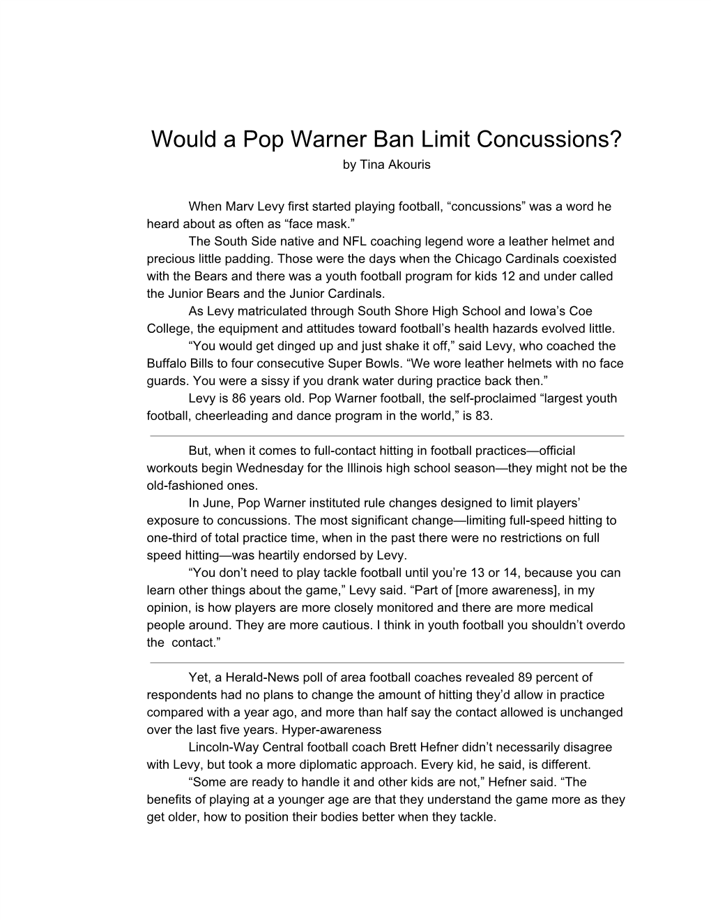 Would a Pop Warner Ban Limit Concussions? by Tina Akouris