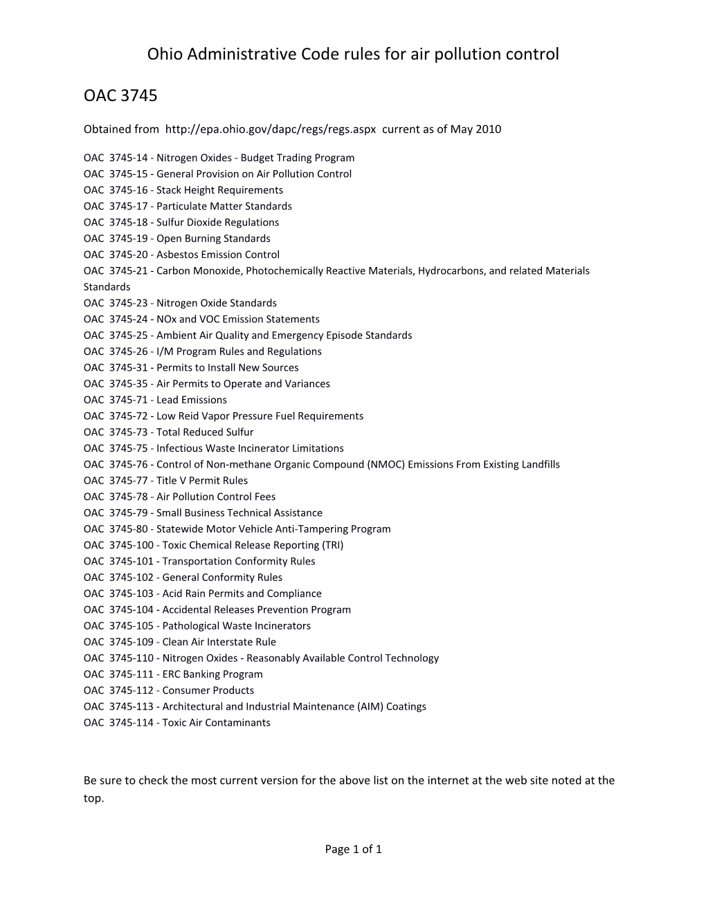 Ohio Administrative Code Rules for Air Pollution Control