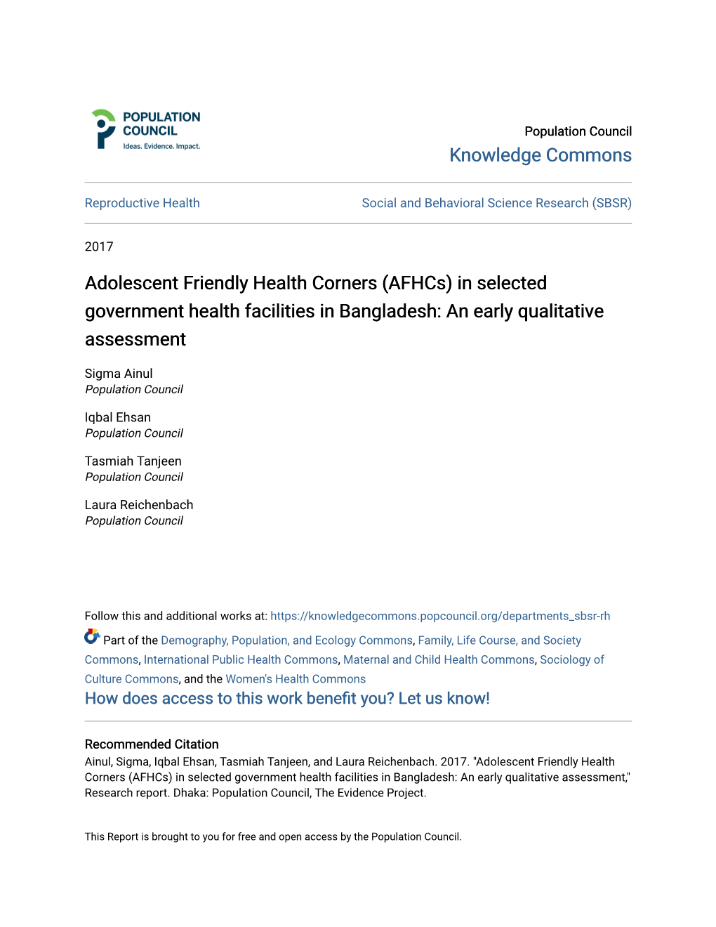 Adolescent Friendly Health Corners (Afhcs) in Selected Government Health Facilities in Bangladesh: an Early Qualitative Assessment