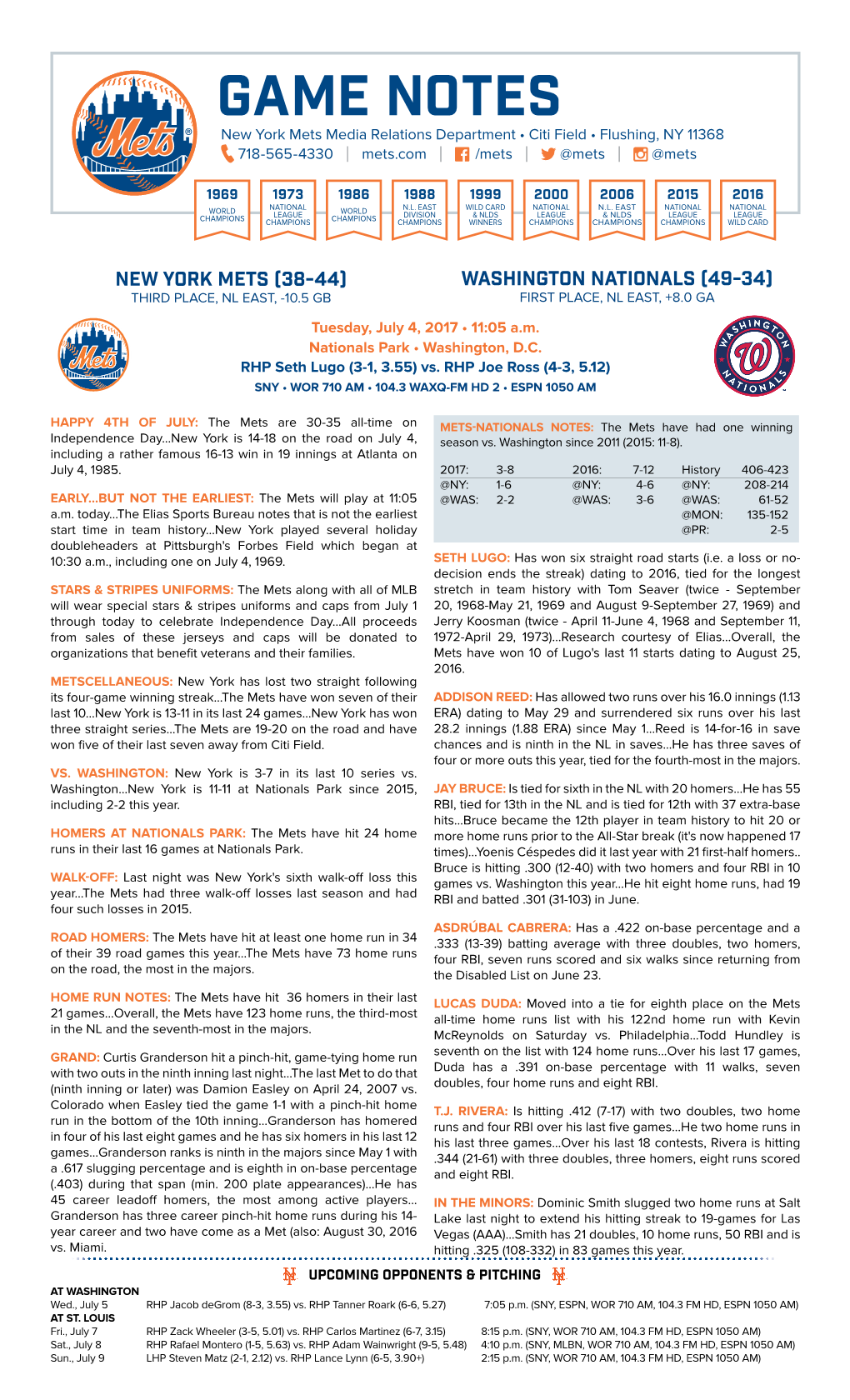 GAME NOTES New York Mets Media Relations Department • Citi Field • Flushing, NY 11368 718-565-4330 | Mets.Com | /Mets | @Mets | @Mets