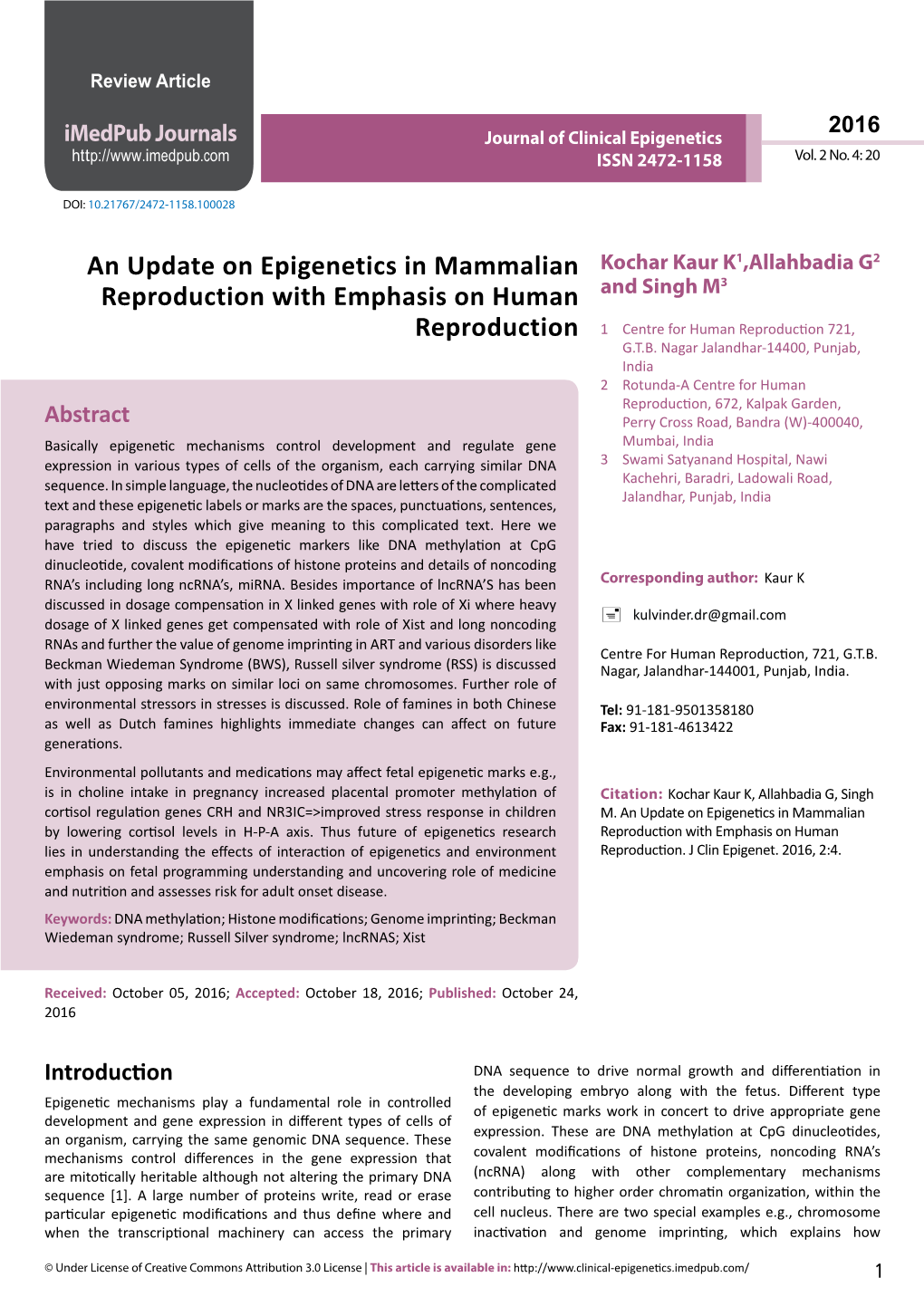 Imedpub Journals Journal of Clinical Epigenetics 2016 ISSN 2472-1158 Vol