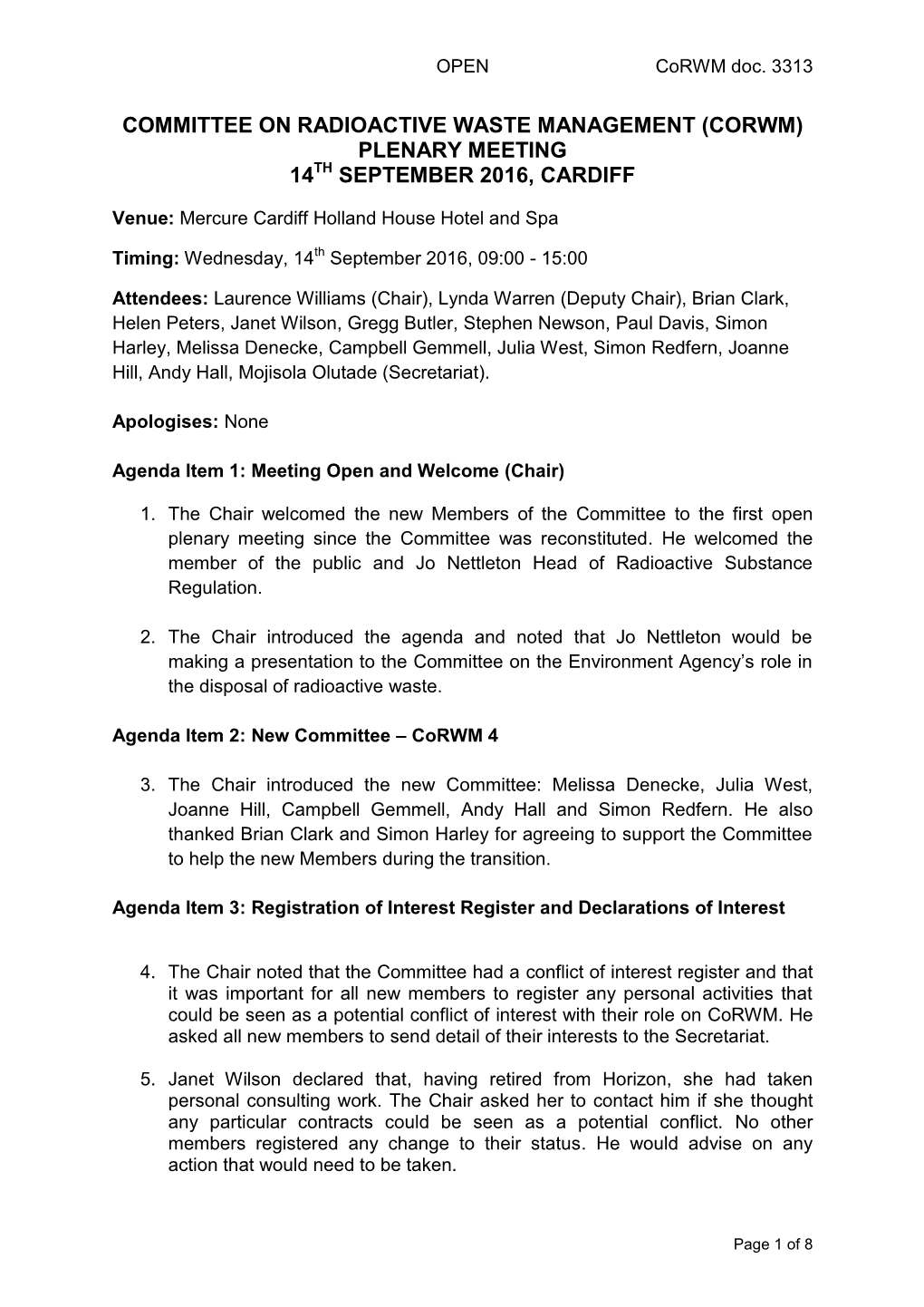 Committee on Radioactive Waste Management (Corwm) Plenary Meeting 14Th September 2016, Cardiff
