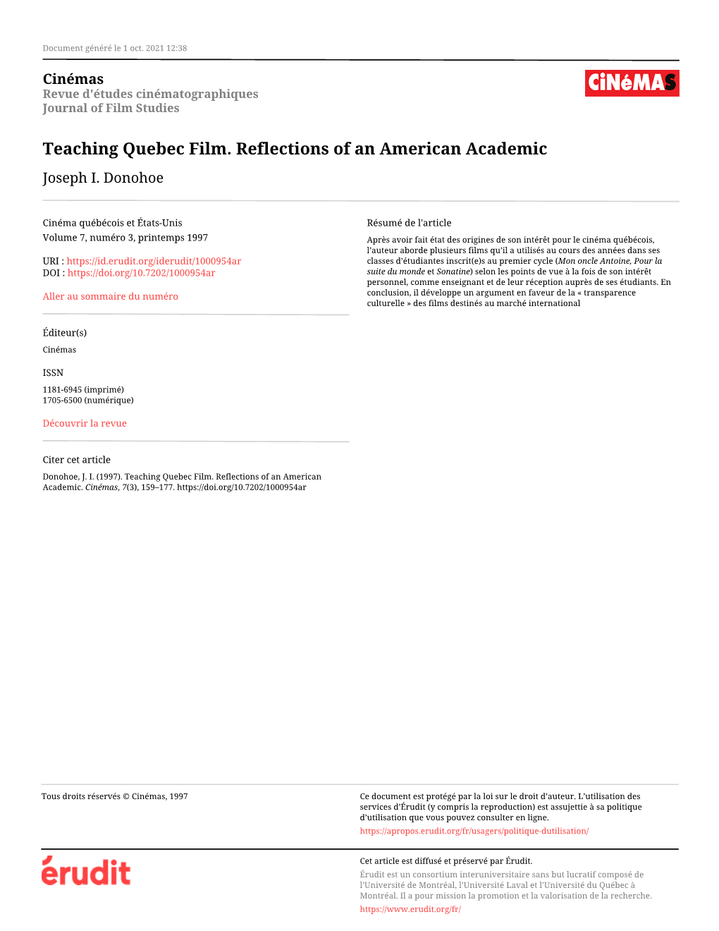 Teaching Quebec Film. Reflections of an American Academic Joseph I