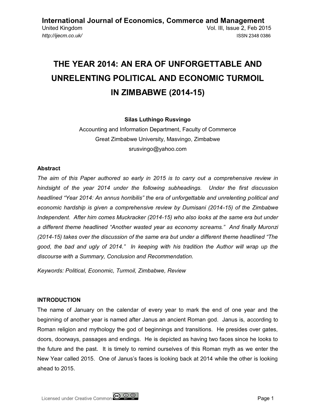 The Year 2014: an Era of Unforgettable and Unrelenting Political and Economic Turmoil in Zimbabwe (2014-15)