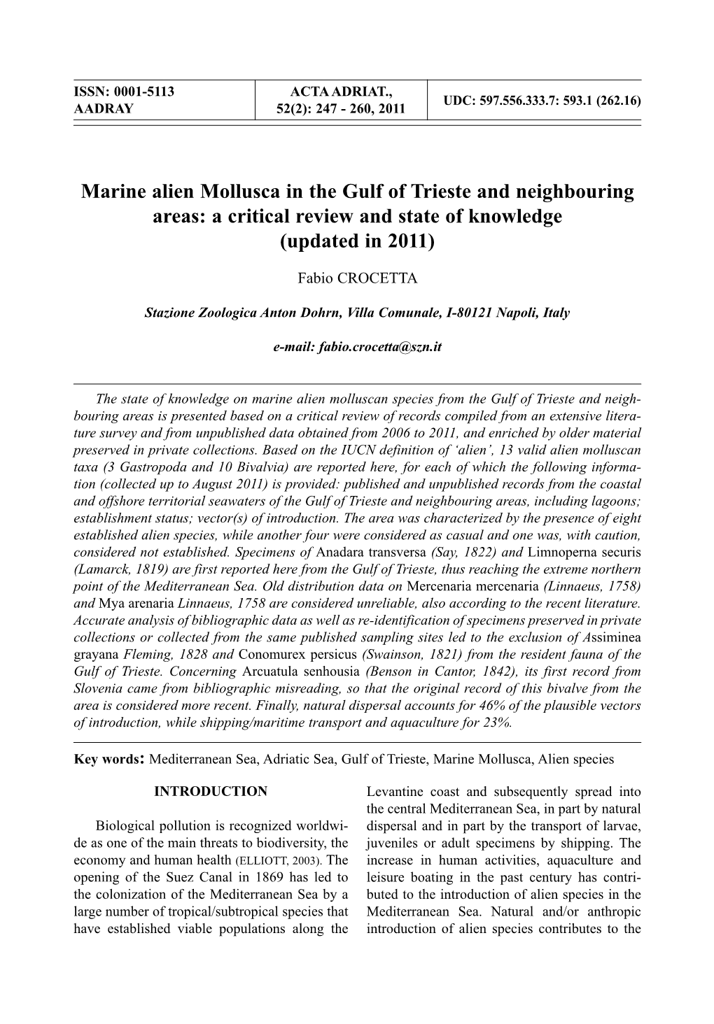 Marine Alien Mollusca in the Gulf of Trieste and Neighbouring Areas: a Critical Review and State of Knowledge (Updated in 2011)