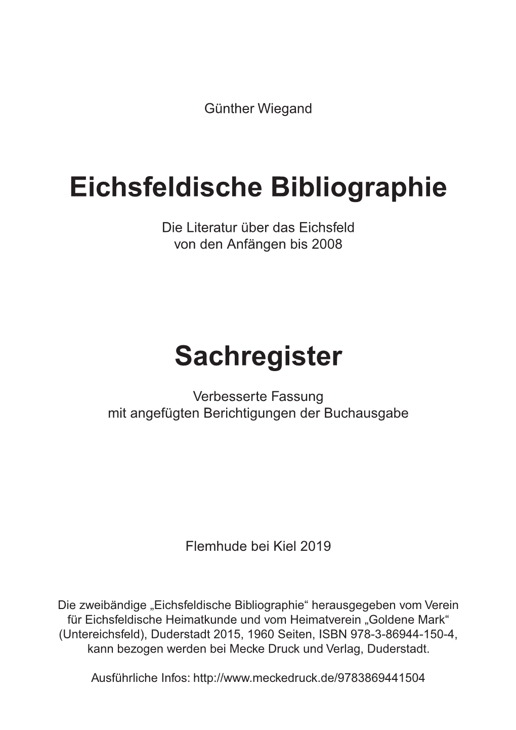 Eichsfeldische Bibliographie Sachregister