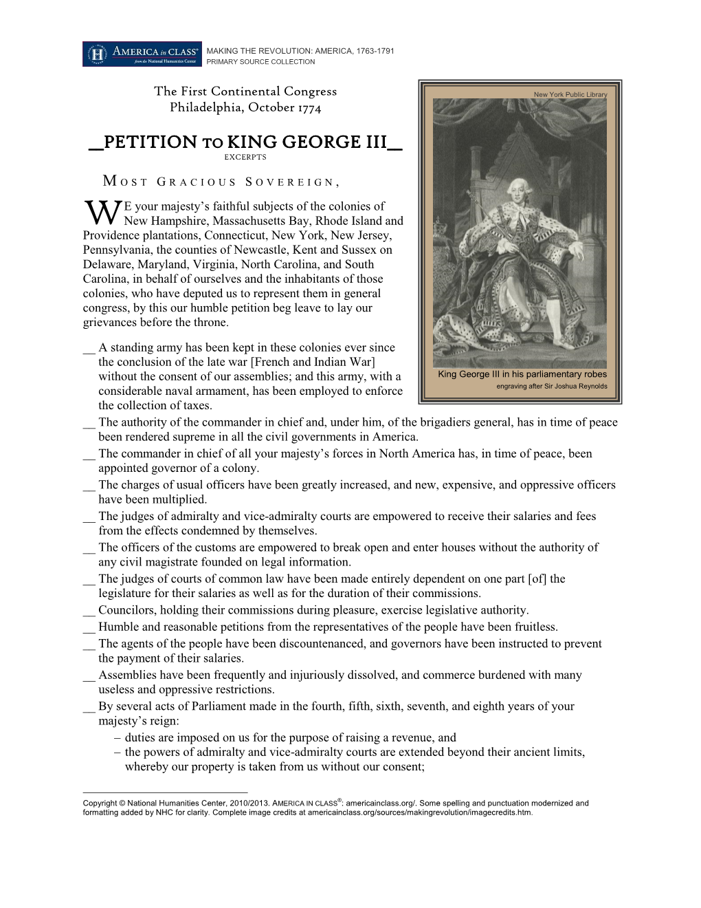 Petition to King George III, First Continental Congress, 1774
