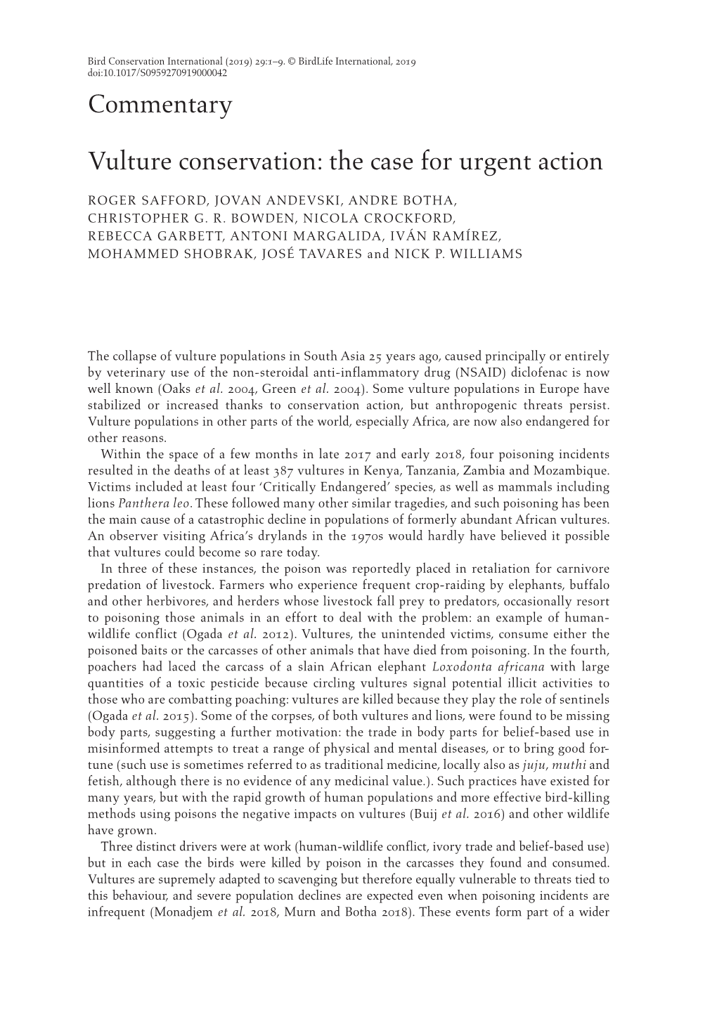 Commentary Vulture Conservation: the Case for Urgent Action