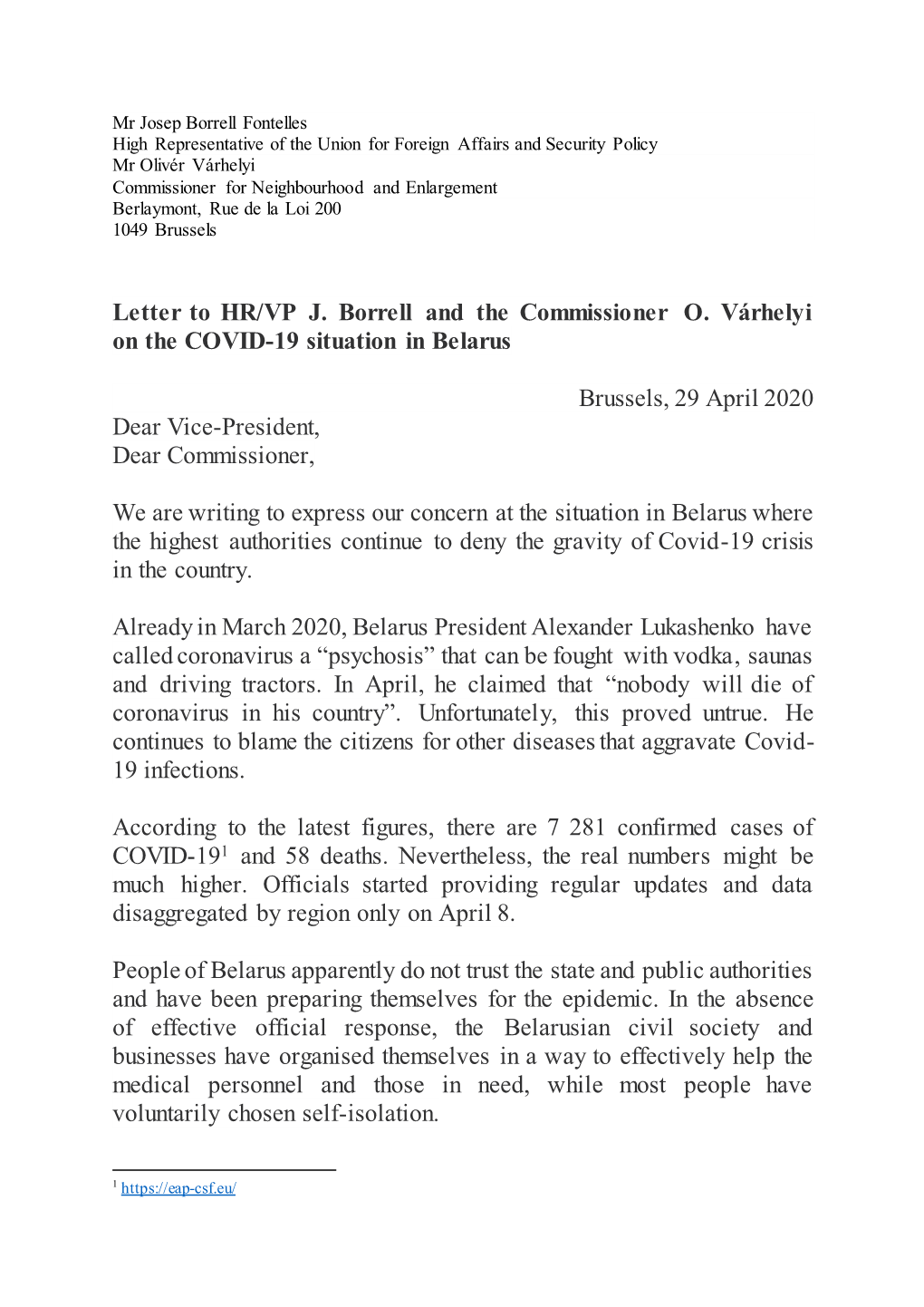 Letter to HR/VP J. Borrell and the Commissioner O. Várhelyi on the COVID-19 Situation in Belarus
