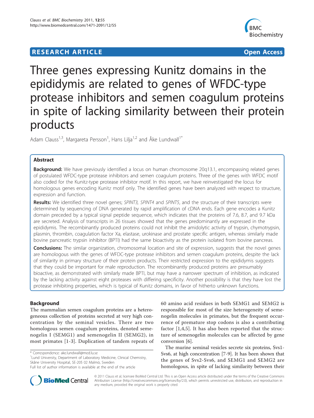 Three Genes Expressing Kunitz Domains in the Epididymis Are