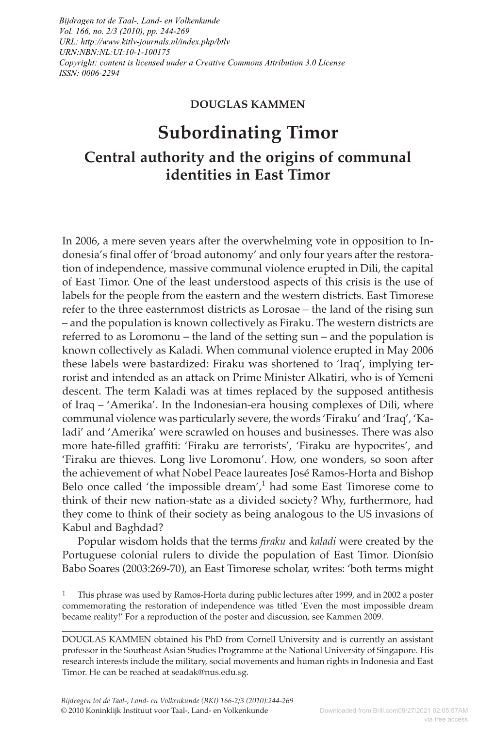 Subordinating Timor Central Authority and the Origins of Communal Identities in East Timor