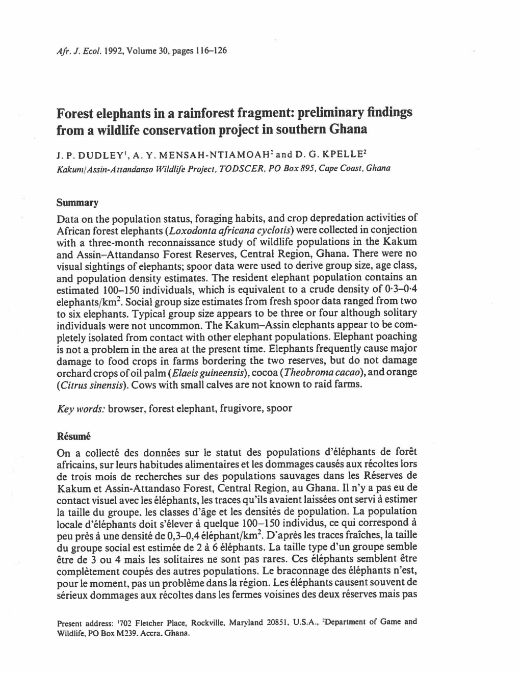 Forest Elephants in a Rainforest Fragment: Preliminary Findings from a Wildlife Conservation Project in Southern Ghana