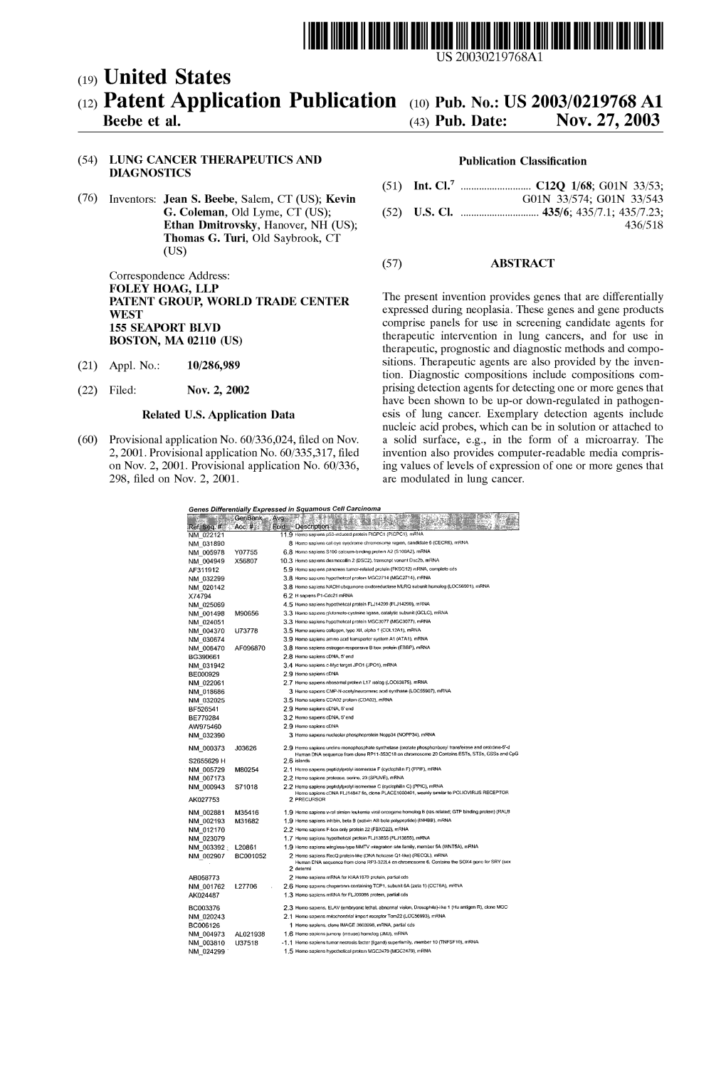 (12) Patent Application Publication (10) Pub. No.: US 2003/0219768 A1 Beebe Et Al