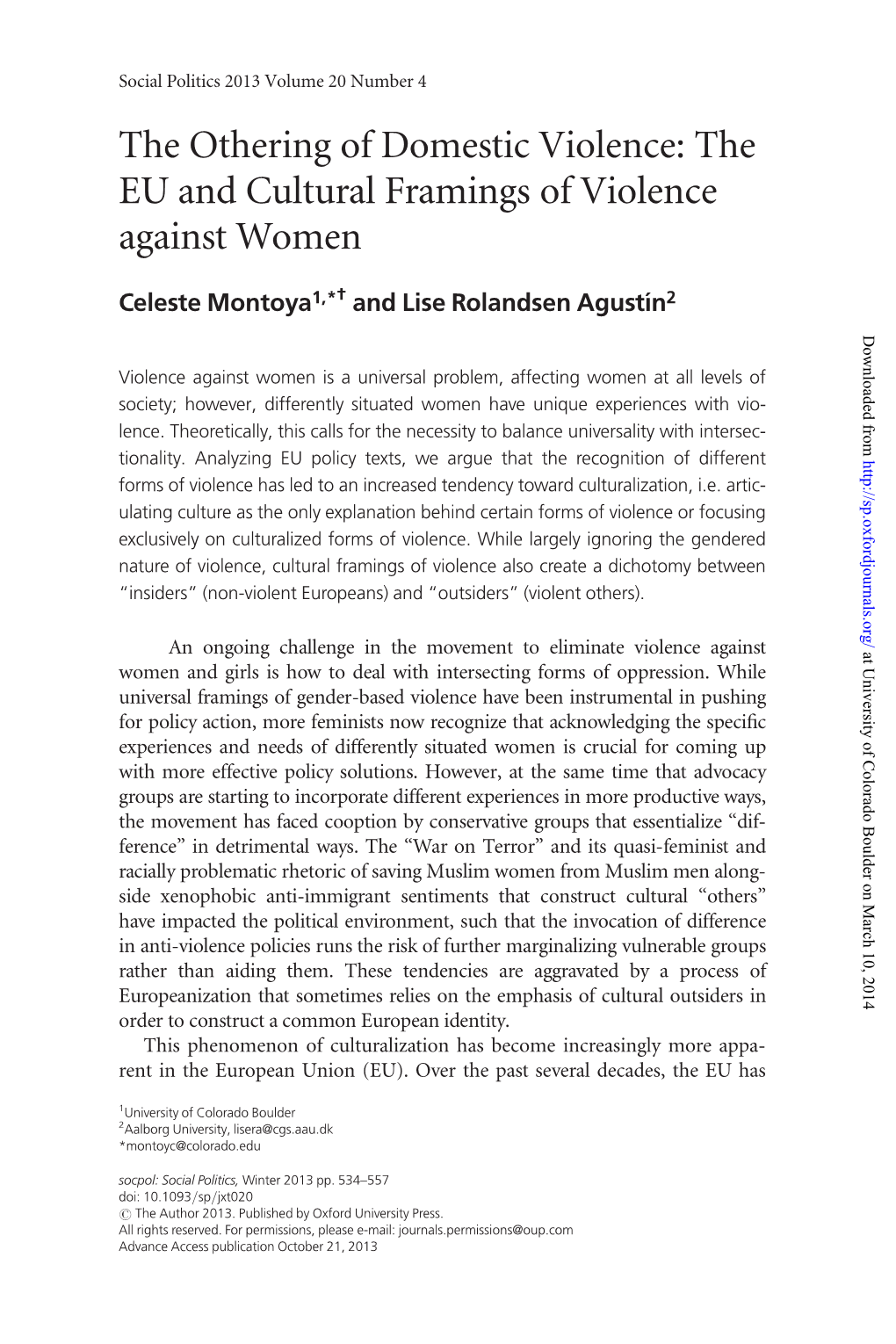 The Othering of Domestic Violence: the EU and Cultural Framings of Violence Against Women