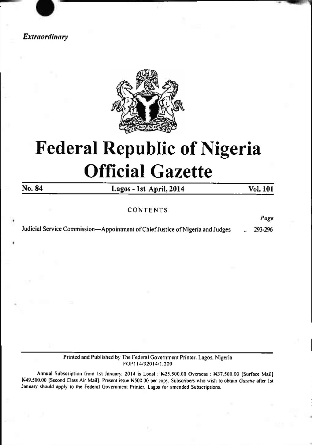 Federal Republic of Nigeria Official Gazette No