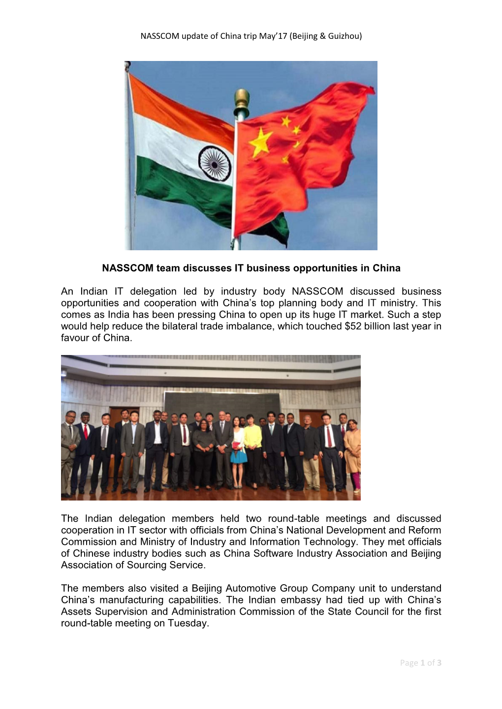 NASSCOM Team Discusses IT Business Opportunities in China An