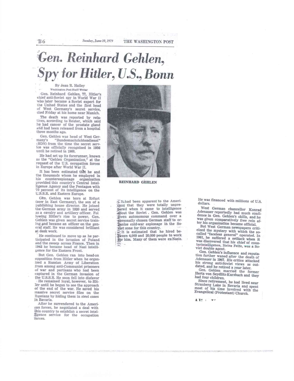 Gen. Reinhard Gehlen, Spy for Hitler, U.S., Bonn by Jean R