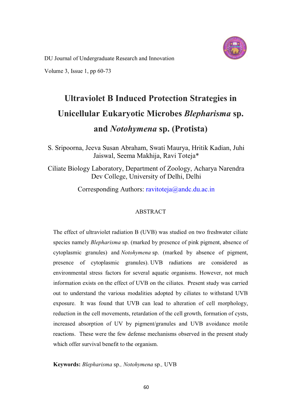 Ultraviolet B Induced Protection Strategies in Unicellular Eukaryotic Microbes Blepharisma Sp