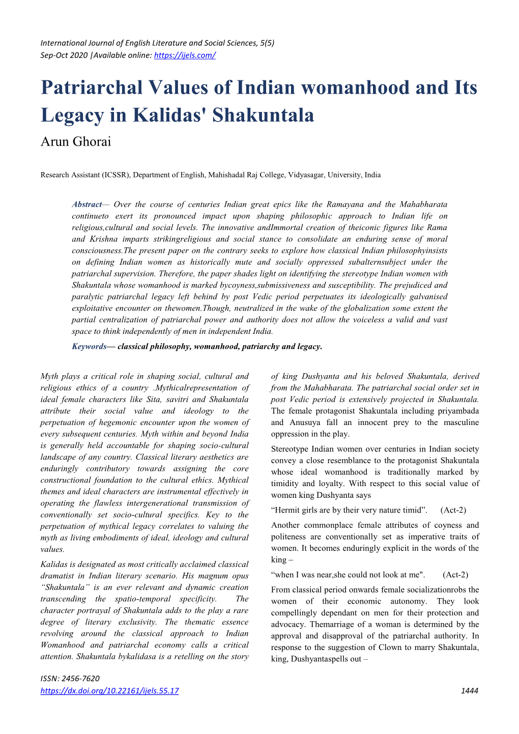 Patriarchal Values of Indian Womanhood and Its Legacy in Kalidas' Shakuntala Arun Ghorai