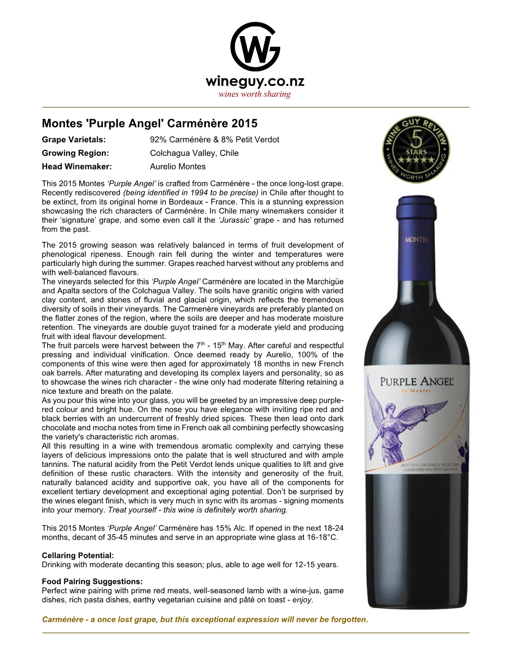 Montes 'Purple Angel' Carménère 2015