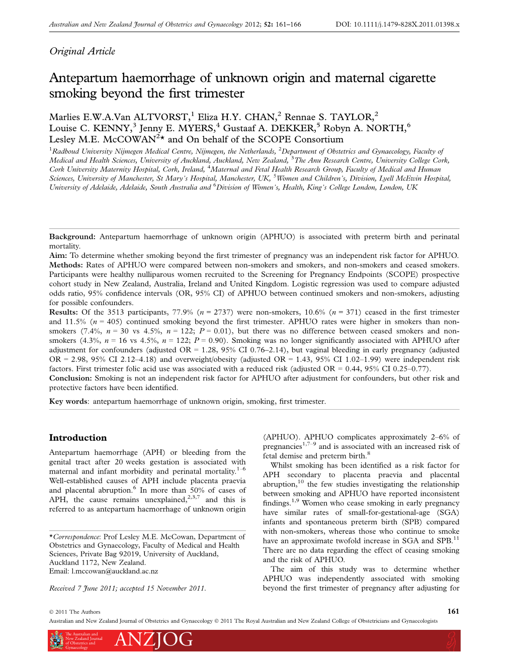 Antepartum Haemorrhage of Unknown Origin and Maternal Cigarette Smoking Beyond the ﬁrst Trimester