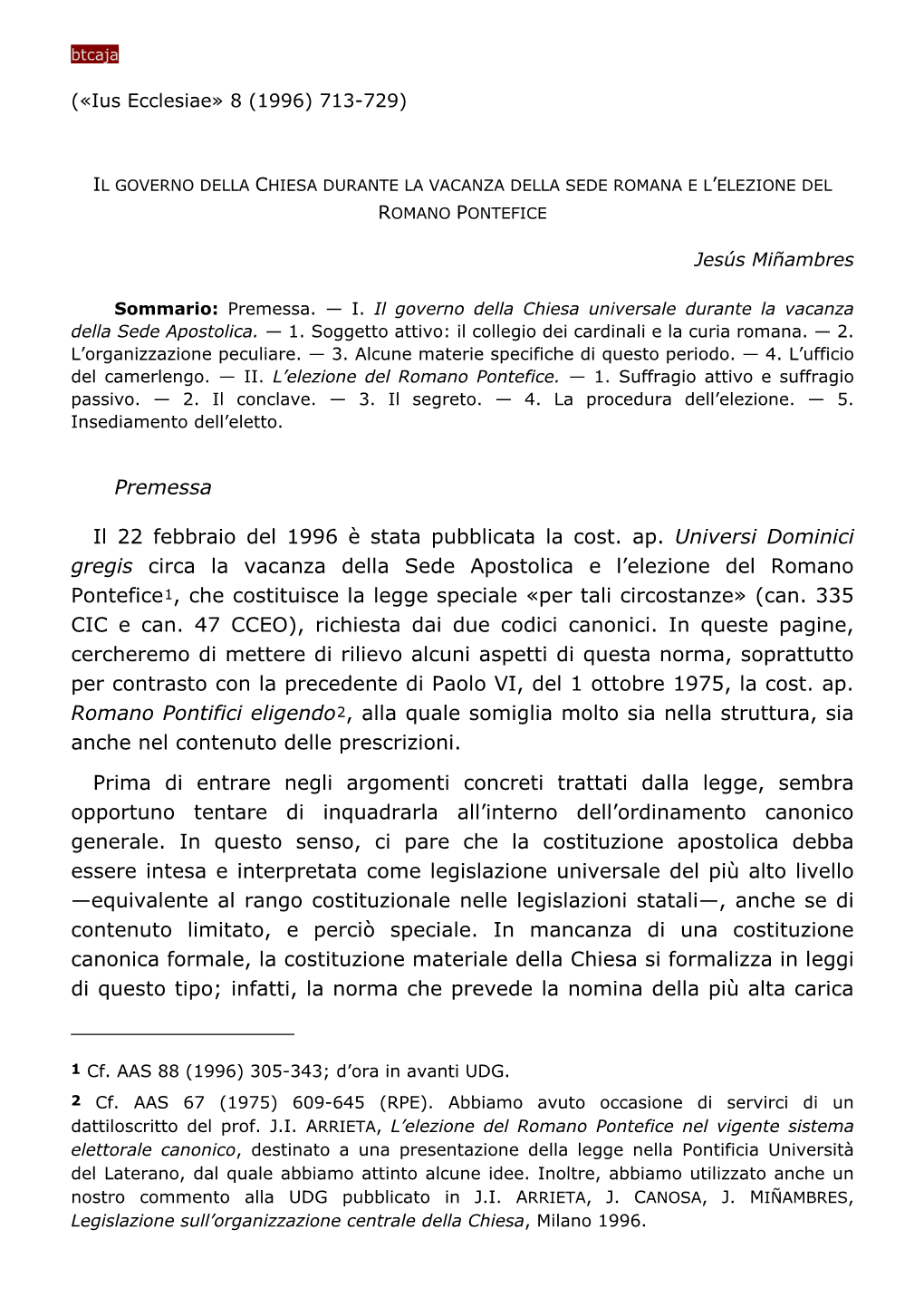 Btcaja J. Miñambres, Il Governo Della Chiesa Durante La Vacanza Della