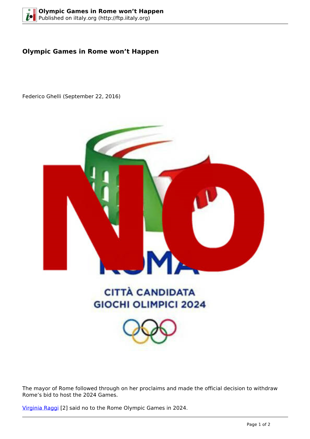 Olympic Games in Rome Won't Happen
