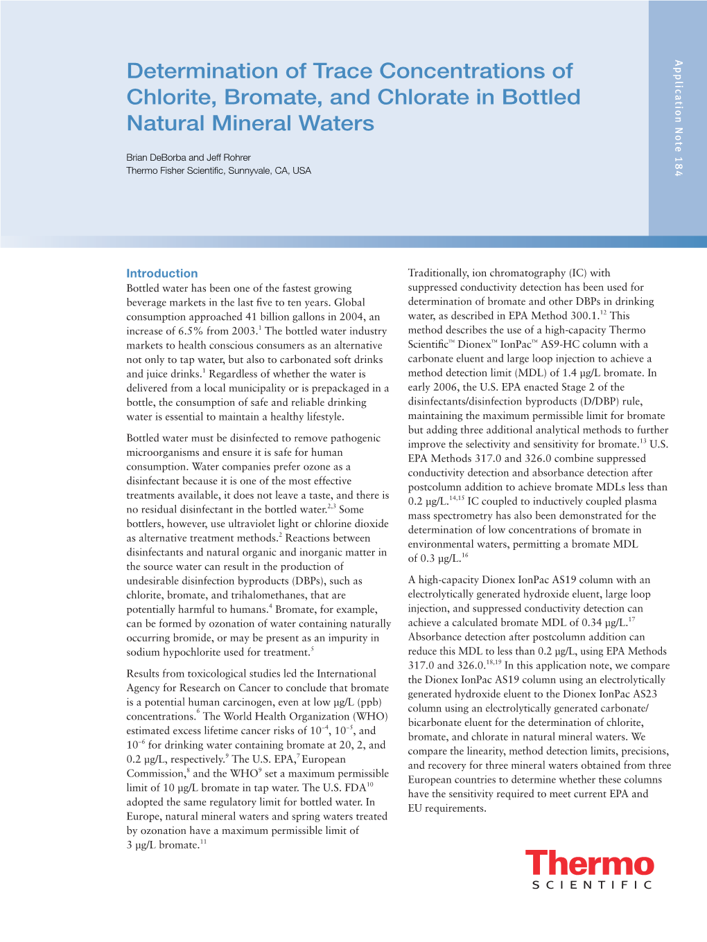 Determination of Trace Concentrations of Chlorite, Bromate, and Chlorate in Bottled Natural Mineral Waters