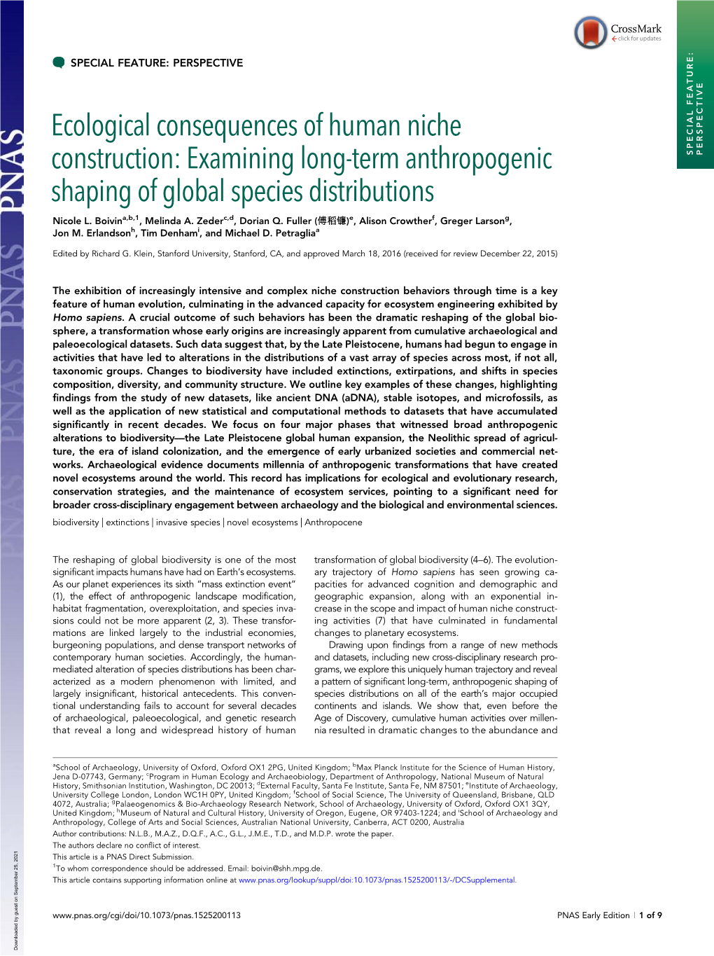 Ecological Consequences of Human Niche Construction: Examining Long-Term Anthropogenic SPECIAL FEATURE: PERSPECTIVE Shaping of Global Species Distributions Nicole L