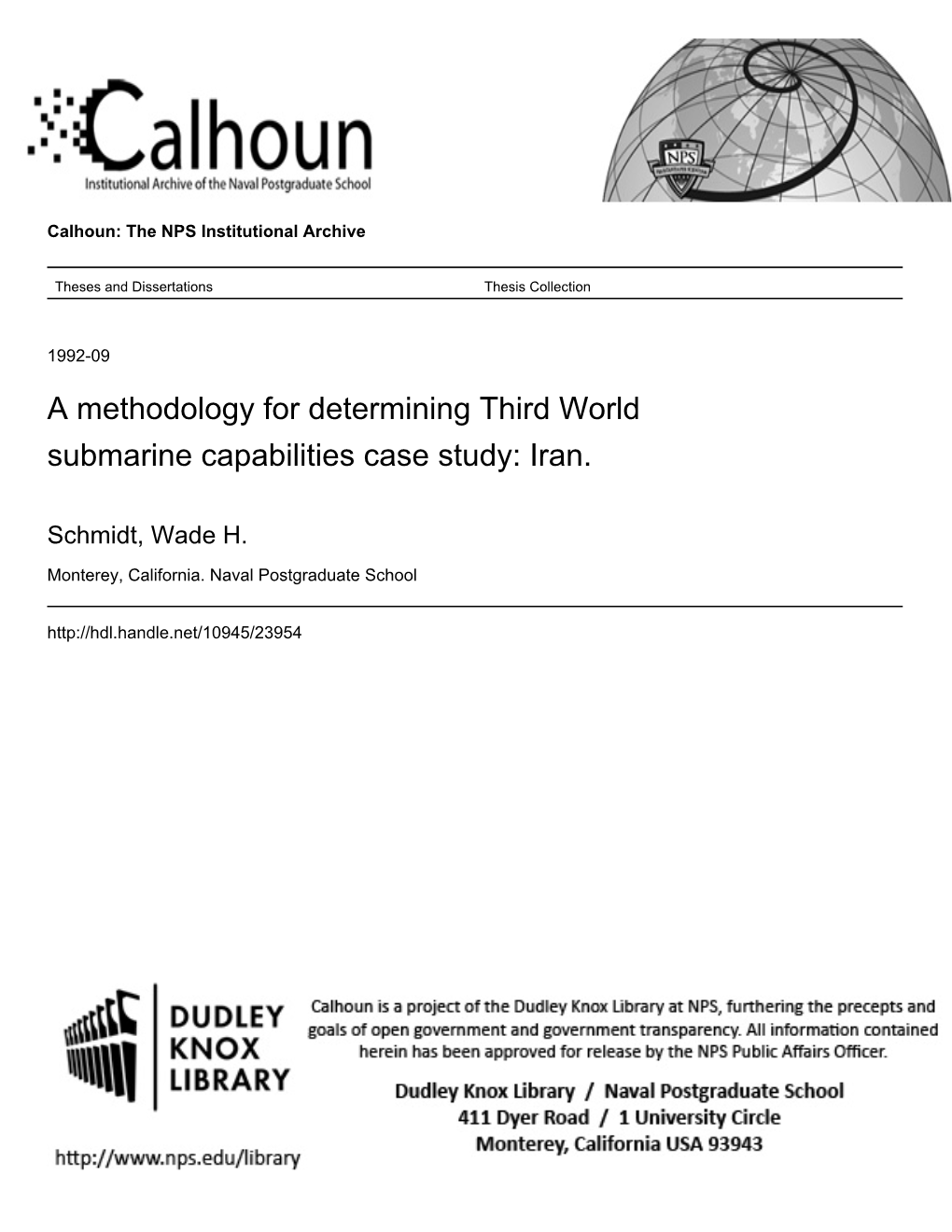 A Methodology for Determining Third World Submarine Capabilities Case Study: Iran