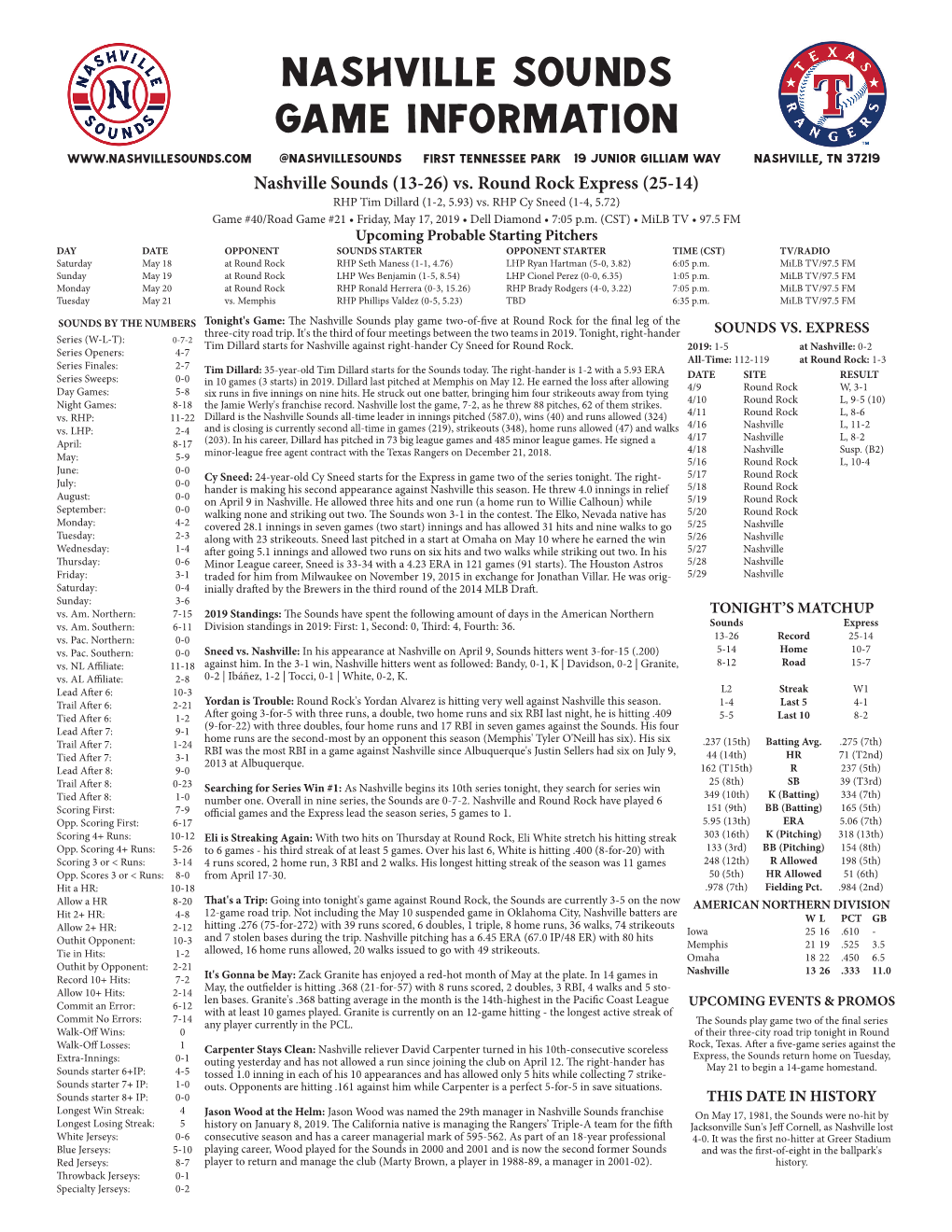 Nashville Sounds Game Information @Nashvillesounds First Tennessee Park 19 Junior Gilliam Way Nashville, TN 37219 Nashville Sounds (13-26) Vs