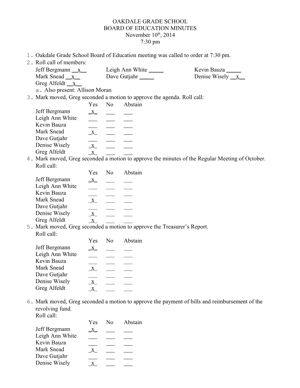 1. Oakdale Grade School Board of Education Meeting Was Called to Order at 7:30 Pm