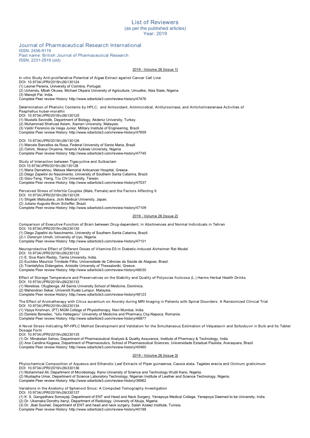 List of Reviewers (As Per the Published Articles) Year: 2019