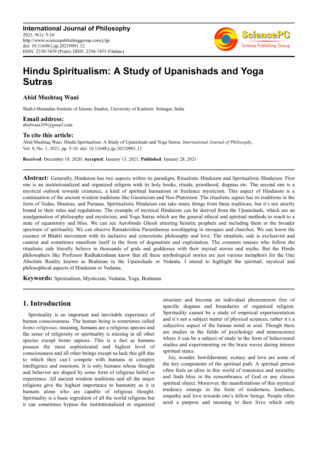 Hindu Spiritualism: a Study of Upanishads and Yoga Sutras