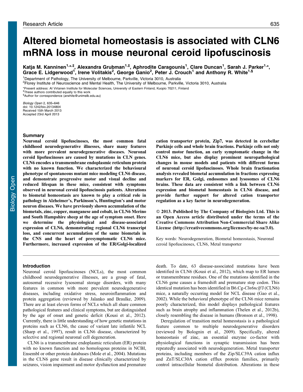 Altered Biometal Homeostasis Is Associated with CLN6 Mrna Loss in Mouse Neuronal Ceroid Lipofuscinosis